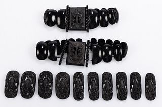VICTORIAN ANTIQUE CARVED WHITBY JET MOURNING BRACELETS AND SLIDE BEADS, LOT OF 12 PIECES