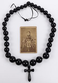 VICTORIAN ANTIQUE BEADED MOURNING / RELIGIOUS NECKLACE WITH CARTE DE VISITE