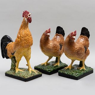 Pair of Portuguese Caldas Glazed Models of Hens and a Rooster