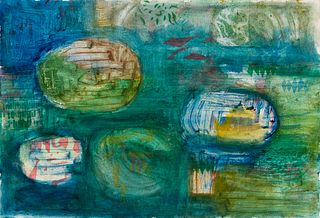 Morris Shulman (Am. 1912-1978), Blue and Green Orbs, c. 1960, Casein on paper, framed under glass