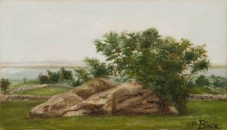 Olive Parker Black (Am. 1868–1948), "'Pulpit Rock' Clark's Island", Oil on panel, framed