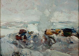 Chauncey Foster Ryder (Am. 1868-1949), Waves Crashing, Oil on board, framed
