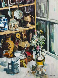 Alfred Chadbourn (Am. 1921-1998), "Kitchen Larder with Flowers" 1974, Oil on canvas, framed