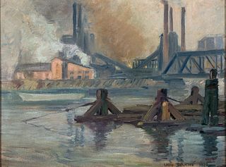 Louis Bouché (Am. 1896-1969), "Gas Works, Stamford Conn." 1932, Oil on canvasboard, framed