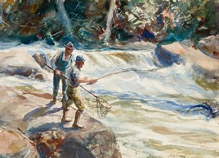 John Whorf (Am. 1903-1959), Fly Fishermen, Watercolor on paper, framed under glass