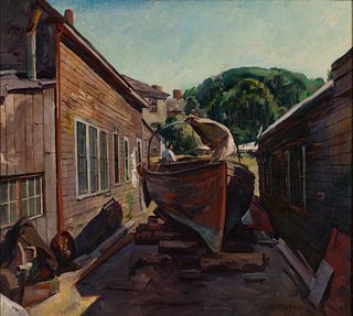 Antonio Pietro Martino (Am. 1902–1989), "Repairing the Boat" 1929, Oil on canvas, framed