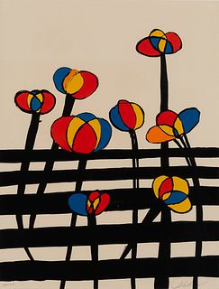 Alexander Calder (Am. 1898-1976), Flowers on a Fence, Colored lithograph, framed under glass