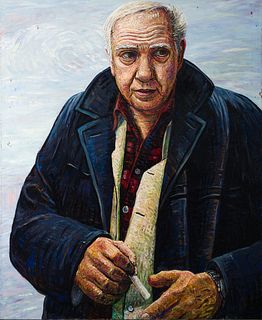 Jon Imber (Am. 1950-2014), "Portrait of Philip Guston in Pea Coat" 1982, Oil on canvas, unframed