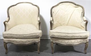A Pair of Louis XV Style Painted Bergeres, Height 35 1/4 inches.