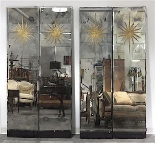 A Pair of Mirrored Two-Panel Floor Screens, Height of each panel 71 x width 18 inches.