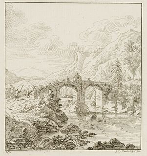 J. BULLINGER (*1713), Bridge with cattle herders, Etching