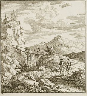 J. BULLINGER (*1713), Hikers on the road in front of a bridge, Etching