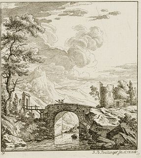 J. BULLINGER (*1713), Landscape with bridge, Etching