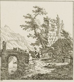J. BULLINGER (*1713), Cattle herder on a bridge, Etching
