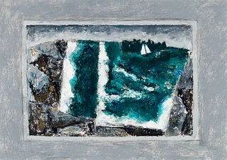 William Irvine (Am./Scottish b. 1931), "Window at High Tide", Oil on paper, framed under glass