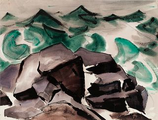 James Fitzgerald (Am. 1899-1971), Ocean Tumult at Pulpit Rock, Watercolor and Chinese ink on paper, framed under glass