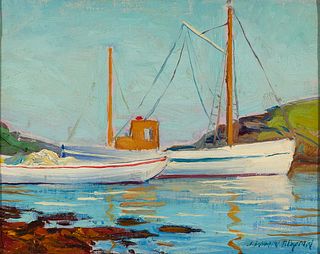 James Fitzgerald (Am. 1899-1971), Schooners in Monhegan Harbor, Oil on canvas laid to board, framed