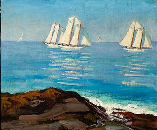James Fitzgerald (Am. 1899-1971), Schooner Race, Oil on canvas laid to board, framed