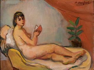 Bernard Karfiol (Am. 1886-1952), Nude with Book, 1949, Oil on canvasboard, framed