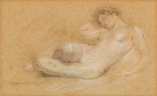James Carroll Beckwith (Am. 1852-1917), Reclining Nude, Pastel on paper, framed under glass