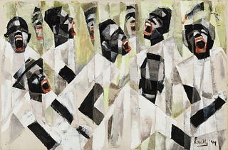 Emily Muir (Am. 1904-2003), Faces, 1949, Oil on canvas, unframed
