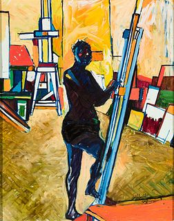 Clary Nelson Cole (Nigerian 1945-1990), Artist at the Easel, 1969, Oil on masonite, framed