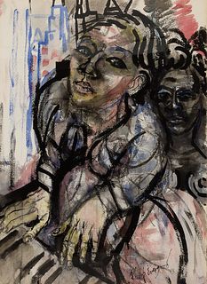 Philip Evergood (Am. 1901-1973), "Sisters" 1963, Watercolor on paper, framed under glass