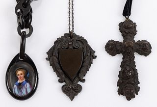 VICTORIAN ANTIQUE VULCANITE MOURNING / FASHION PENDANTS AND WATCH CHAIN, LOT OF THREE