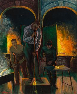 Ernest Fiene (Am. 1894-1965), Glass Blowers, 1944, Oil on canvas, framed