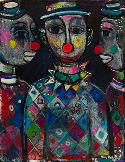 Henry Kallem (Am. 1912-1985), "Clowns", Oil on masonite, framed