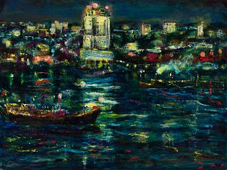 Eugene Camille Fitsch (Am. 1892–1972), New York Harbor and City Lights, Oil on panel, framed