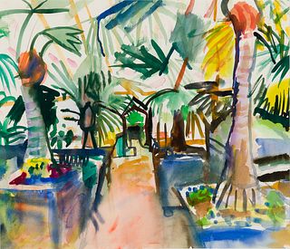 Jason Berger (Am. 1924-2010), Tropical Scene, Watercolor on paper, framed under glass