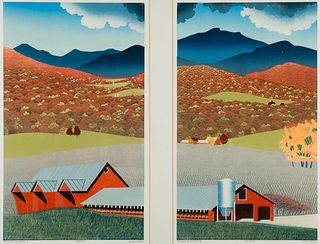 Sabra Field (Am. b. 1935), "Beyond Mansfield" I and II, Woodblock print, framed under glass