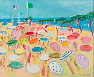 Robert Savary (Fr. 1920-2000), "La plage aux pins parasols" (Parasol Pine Beach), Oil on canvas, framed