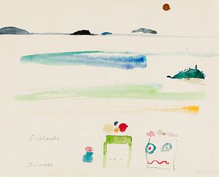 Edith Schloss (Am. 1919-2011), "5 islands 3 vases" 1969, Watercolor on paper, framed under glass