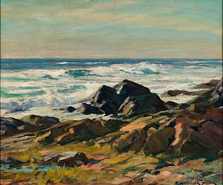 Alexander Bower (Am. 1875-1952), Rocks off the Coast, Oil on masonite, framed
