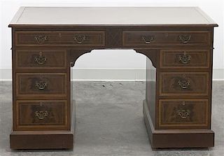A Georgian Style Mahogany and Inlay Pedestal Desk, Height 30 x width 47 1/4 x depth 23 1/2 inches.