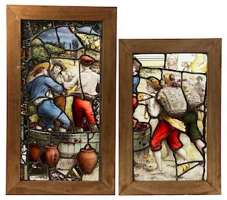 PAIR OF LEADED STAINED GLASS WINDOWS