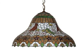 LARGE BELL-FORM LEADED GLASS HANGING LAMP