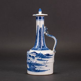 A CHINESE BLUE AND WHITE 'LANDSCAPE' PORCELAIN LIDDED POT