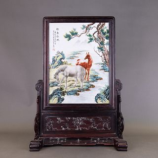 A FAMILLE ROSE 'HORSE' TABLE SCREEN 