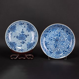 A PAIR OF CHINESE BLUE AND WHITE PORCELAIN PONEY PLATES