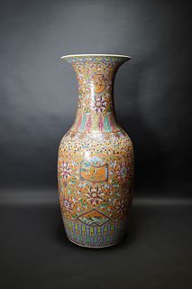 A CHINESE LARGE ORANGE GROUND VASE WITH FLOWER AND AUSPICIOUS PATTERN, HONG WU MARK