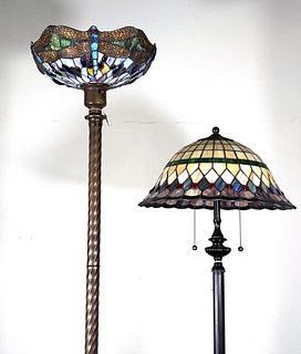 TWO TORCHIERE FLOOR LAMPS W TIFFANY STYLE SHADES