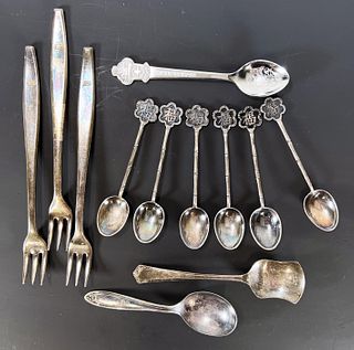 COLLECTIBLE SILVER PLATE SPOONS AND SMALL UTENSILS