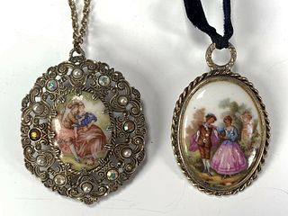 TWO COURTING COUPLES PORCELAIN PENDANTS LIMOGES GERMAN