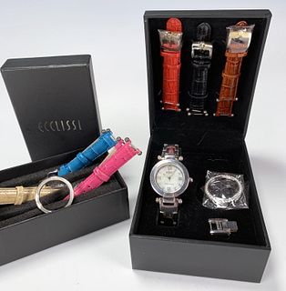 ECCLISSI STERLING WATCH & INTERCHANGABLE LEATHER BANDS & BEZELS IN BOX