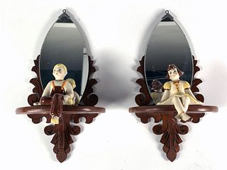 TWO VINTAGE MIRROR SHELVES WITH BOY & GIRL