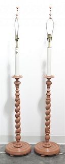 A Pair of Painted Turned Wood Floor Lamps, Height overall 60 inches.