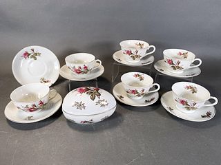 HAND PAINTED LEFTON CHINA EGG AND ROSE TEA CUPS WITH SAUCERS